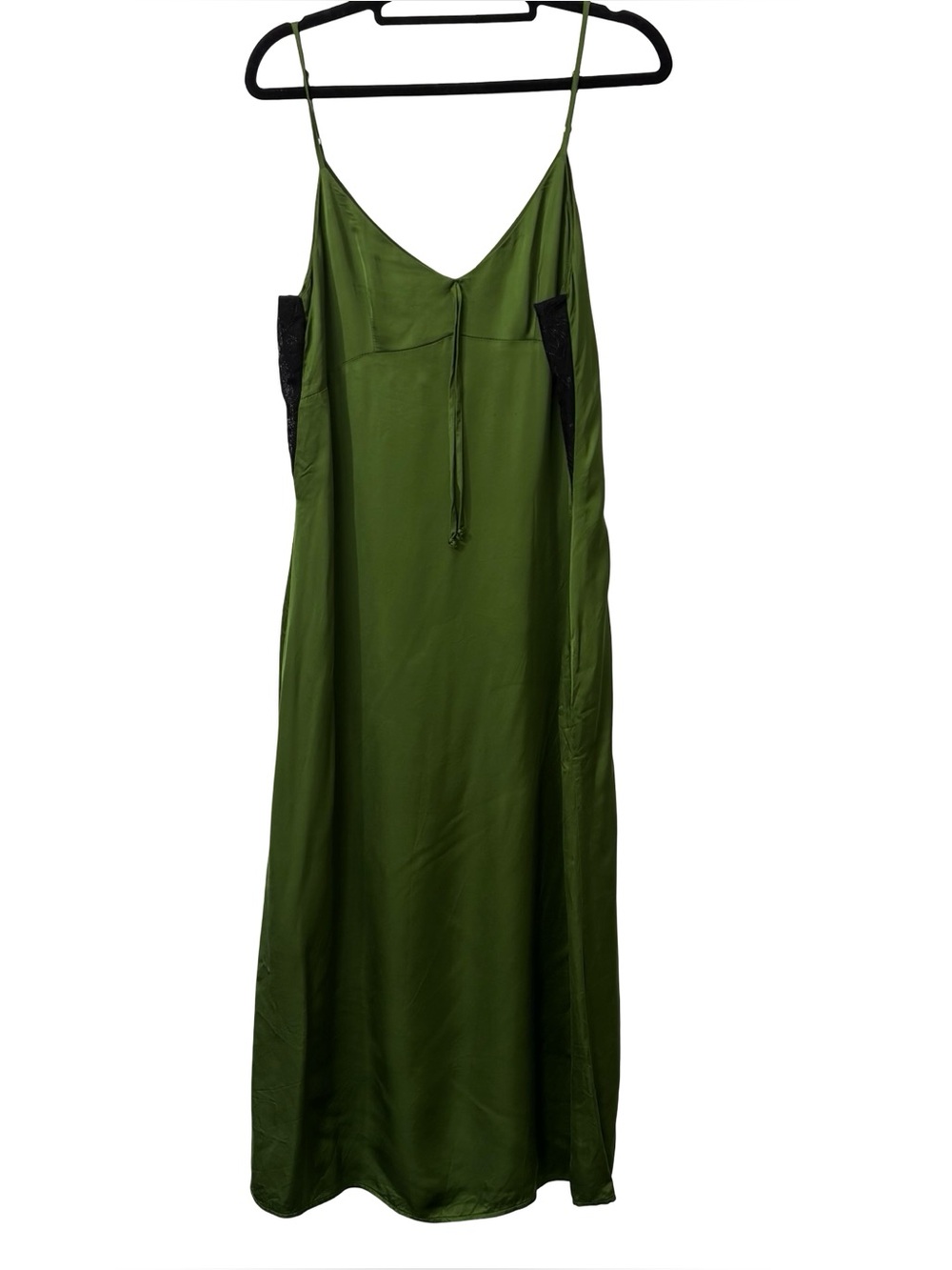Frank & Oak Olive Green V Neck Satin Lace Detail MIDI Dress Size Small